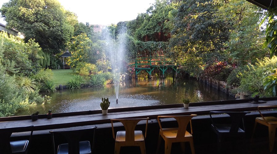 Outdoor dining area overlooking the garden and pond